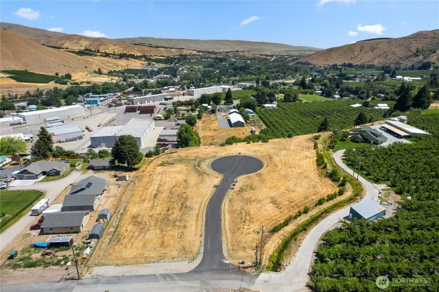 an aerial view of a swimming pool and mountain view