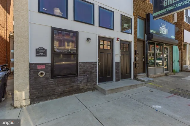 a view of a brick building with a door of the street