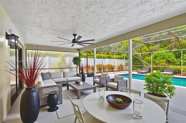 a view of a house with a backyard porch and sitting area
