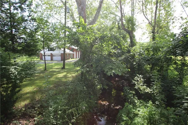 a view of a field with trees in the background