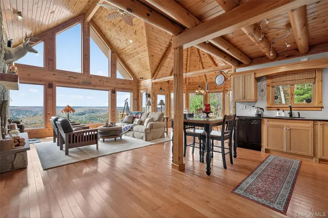 a living room with stainless steel appliances granite countertop furniture wooden floor a rug and a kitchen view