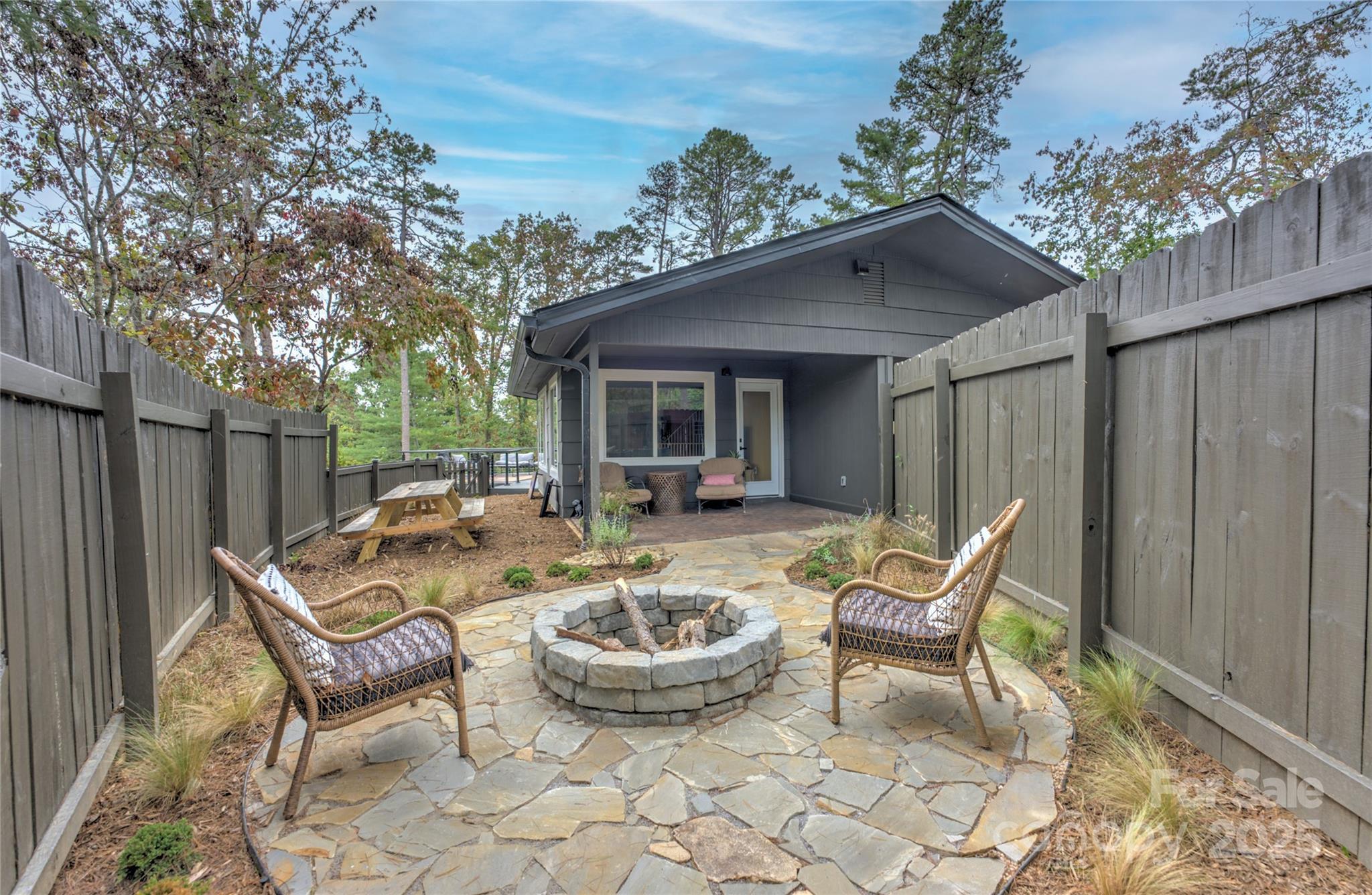 351 Windsor Road Asheville, NC 28804 - Photo 34 of 42 a view of a patio with table and chairs and wooden fence