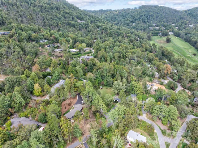 an aerial view of residential houses with outdoor space and trees
