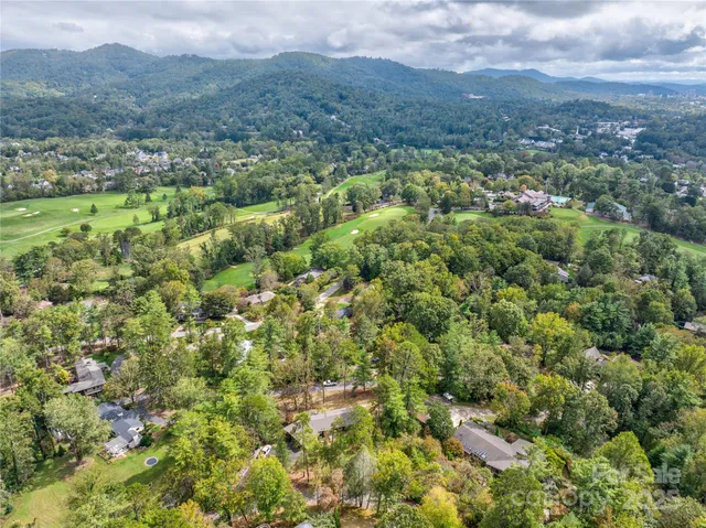 an aerial view of residential houses with outdoor space and trees