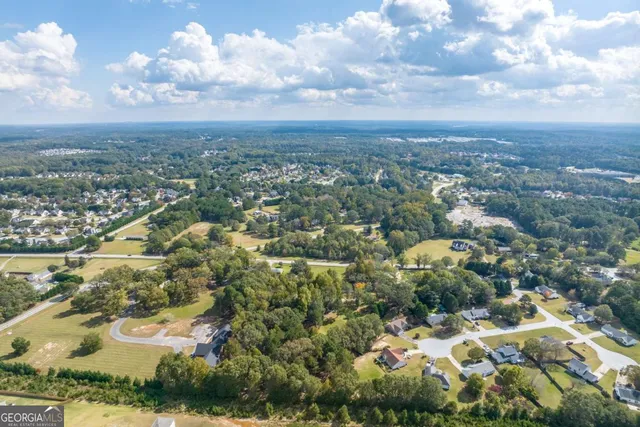 an aerial view of residential houses with outdoor space and trees