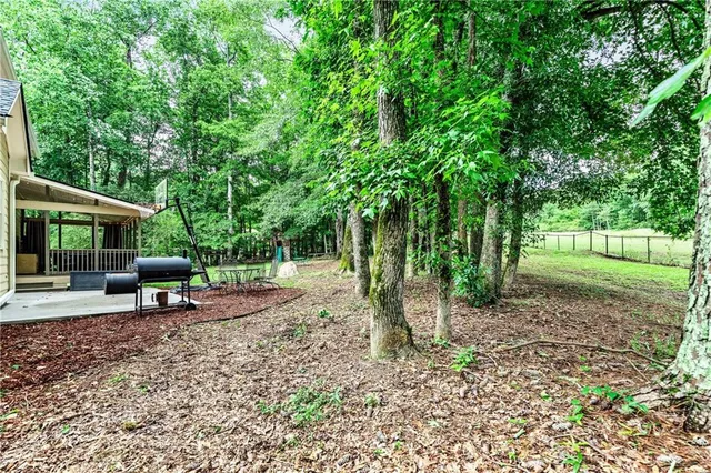 a view of a backyard with a garden and trees