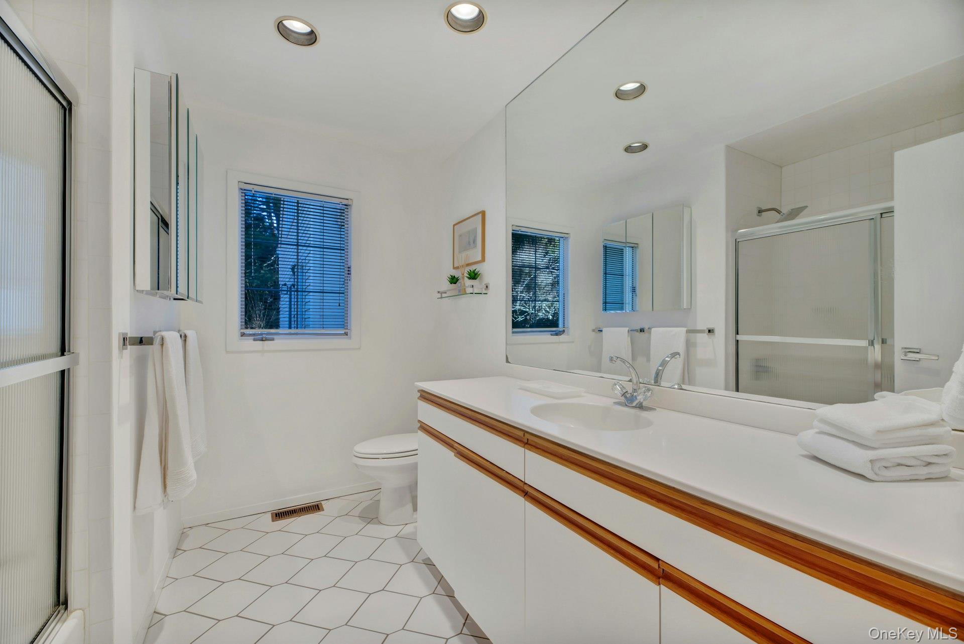 94 South Country Road Remsenburg, NY 11960 - Photo 30 of 40 First floor bathroom featuring toilet, recessed lighting, visible vents, vanity, and a shower with door