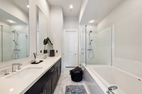 a bathroom with a tub a sink a mirror and a shower