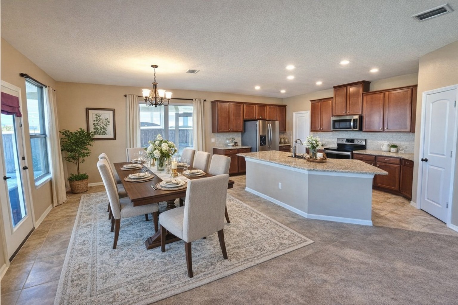 120 Schuylerville Drive Elgin, TX 78621 - Photo 12 of 29 Staged by AI
Dining space with a textured ceiling, a chandelier, recessed lighting, and light tile patterned flooring