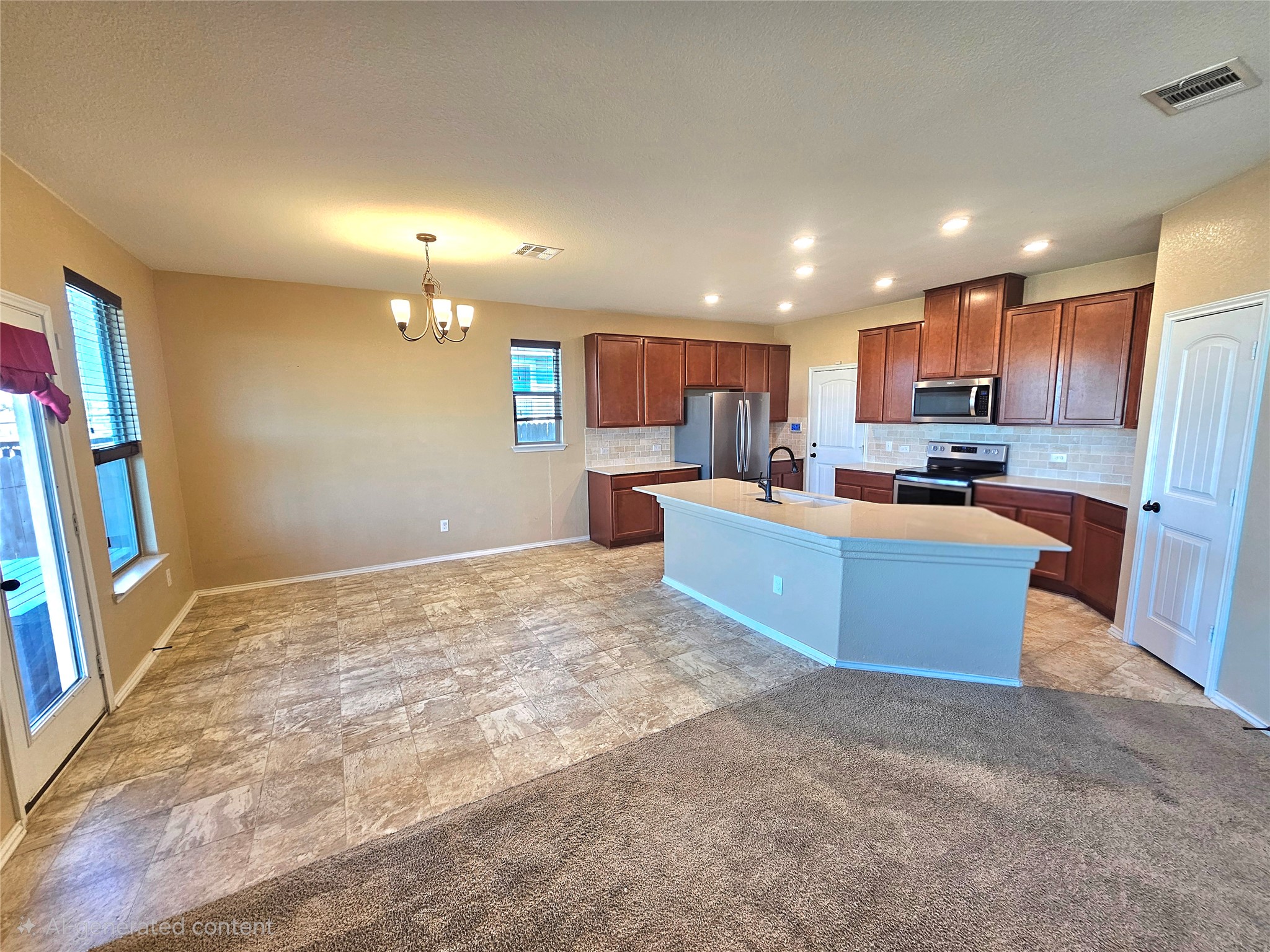 120 Schuylerville Drive Elgin, TX 78621 - Photo 13 of 29 Kitchen with backsplash, light countertops, appliances with stainless steel finishes, a center island with sink, and a chandelier