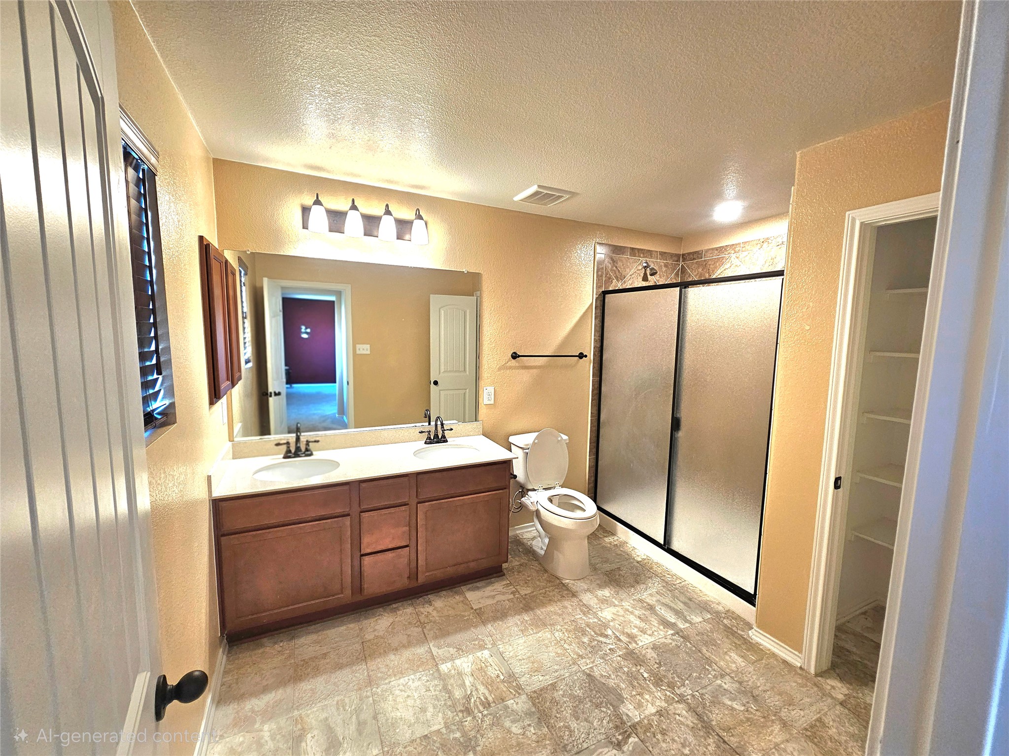 120 Schuylerville Drive Elgin, TX 78621 - Photo 19 of 29 Full bath featuring a textured wall, a textured ceiling, a shower stall, double vanity, and a closet