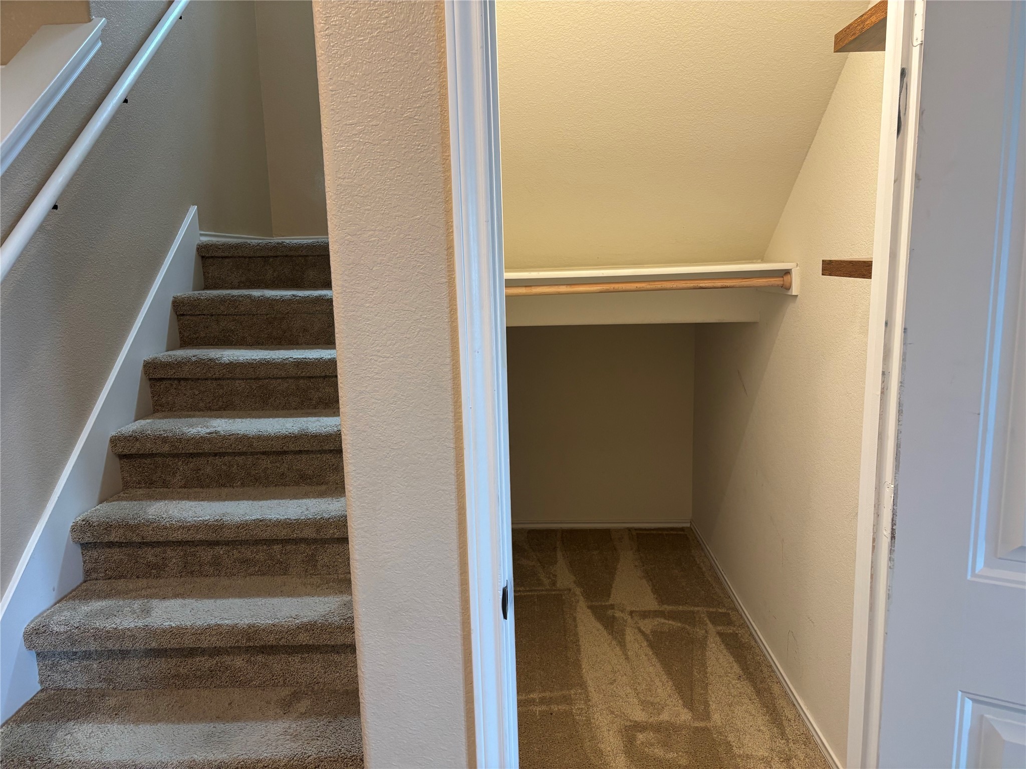 120 Schuylerville Drive Elgin, TX 78621 - Photo 7 of 29 Stairs with carpet floors and a textured wall