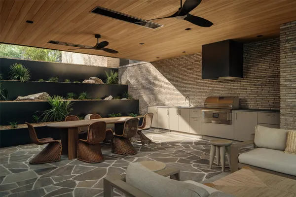 a building outdoor space with seating space