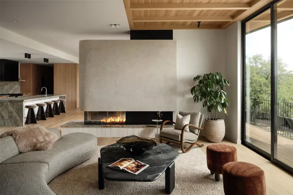 a living room with furniture and a potted plant