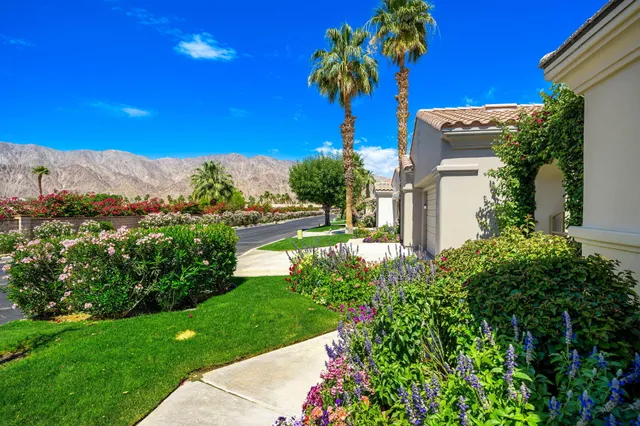 a view of a garden with a building in the background