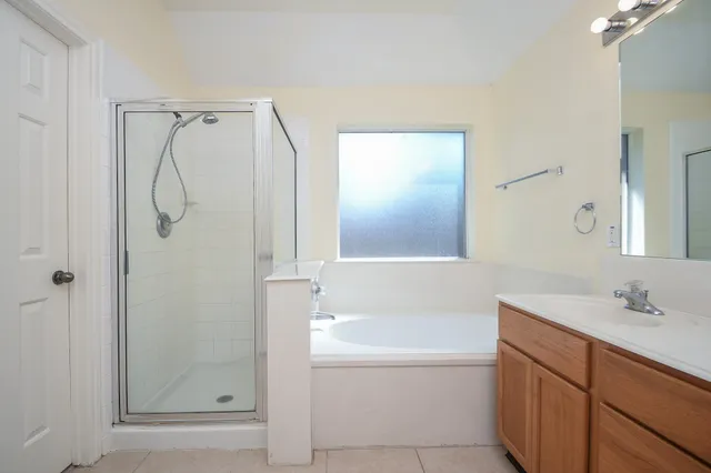 a bathroom with a shower sink vanity and mirror