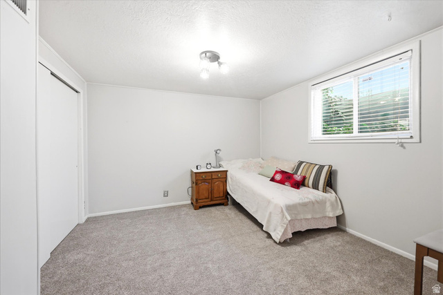 215 Carol Way Midvale, UT 84047 - Photo 19 of 30 Bedroom with light carpet, a textured ceiling, and a closet