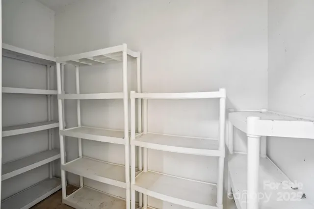 a view of a yard with trees on both side of the road