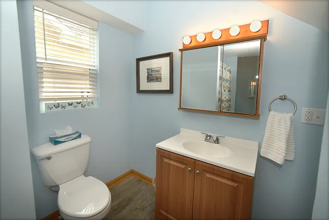 a bathroom with a toilet sink and mirror