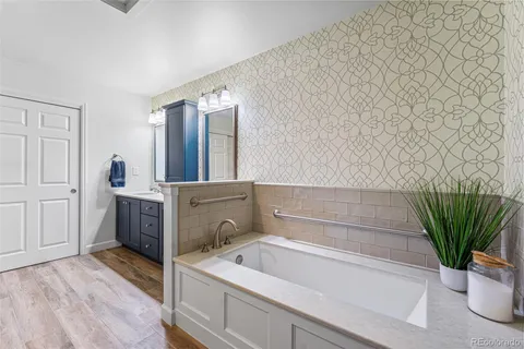 a bathroom with a tub a potted plant and a sink