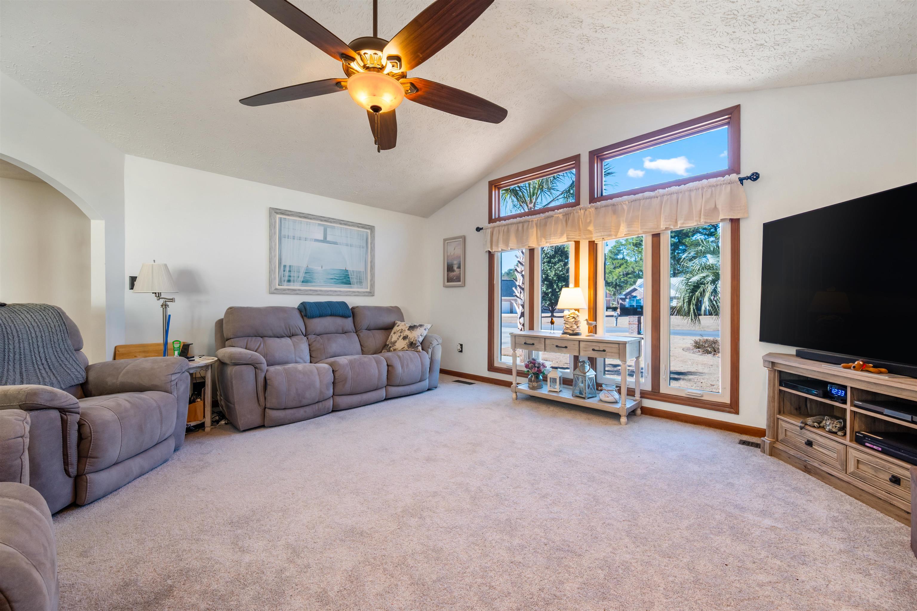 4746 National Drive Myrtle Beach, SC 29579 - Photo 11 of 40 Living room featuring ceiling fan, carpet, arched walkways, and high vaulted ceiling