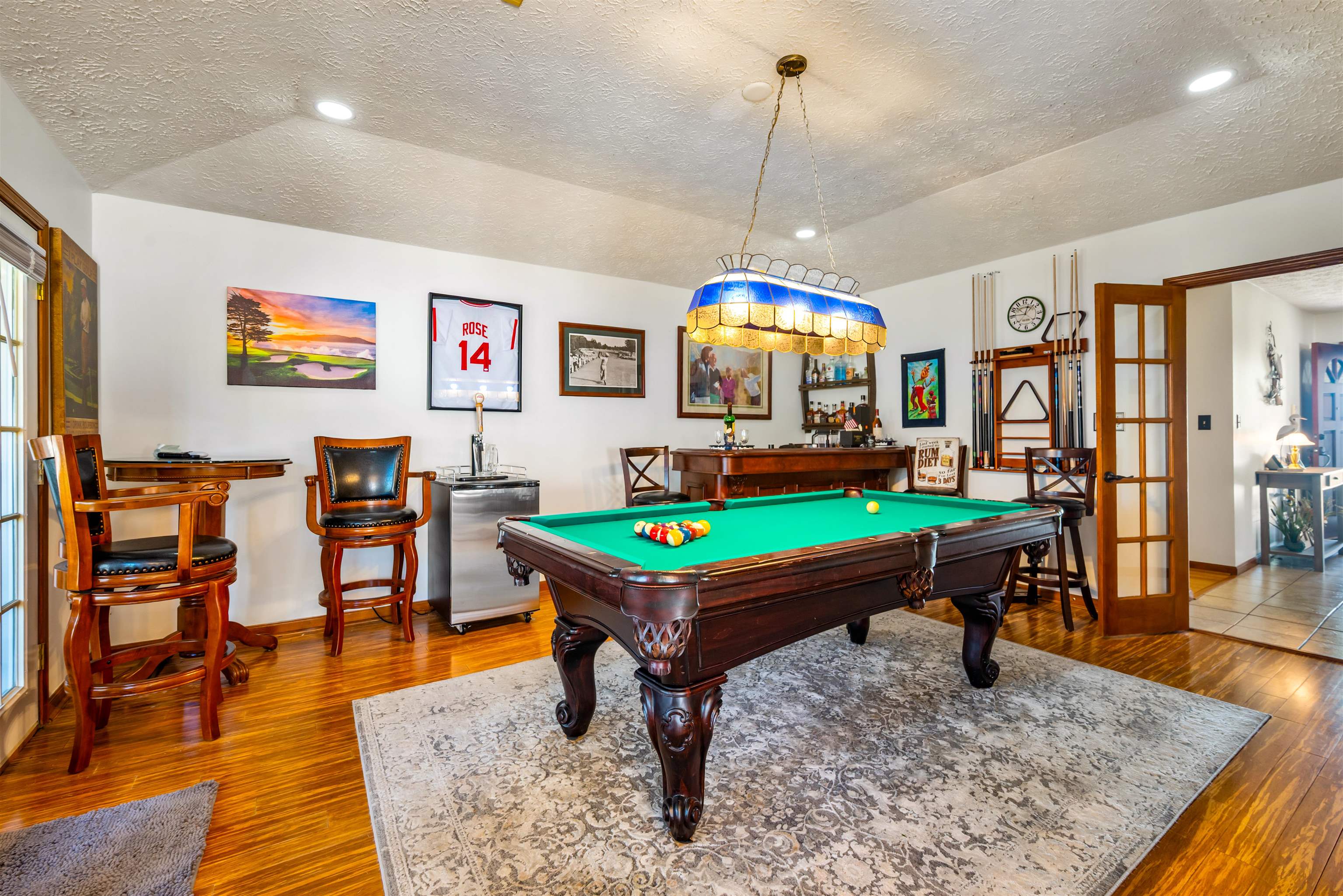 4746 National Drive Myrtle Beach, SC 29579 - Photo 28 of 40 Playroom featuring billiards table, french doors, dark wood-style floors, a textured ceiling, and recessed lighting