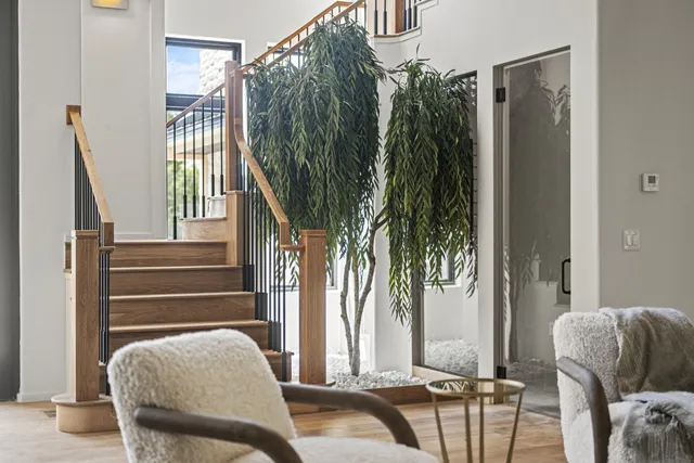a living room with furniture and a potted plant