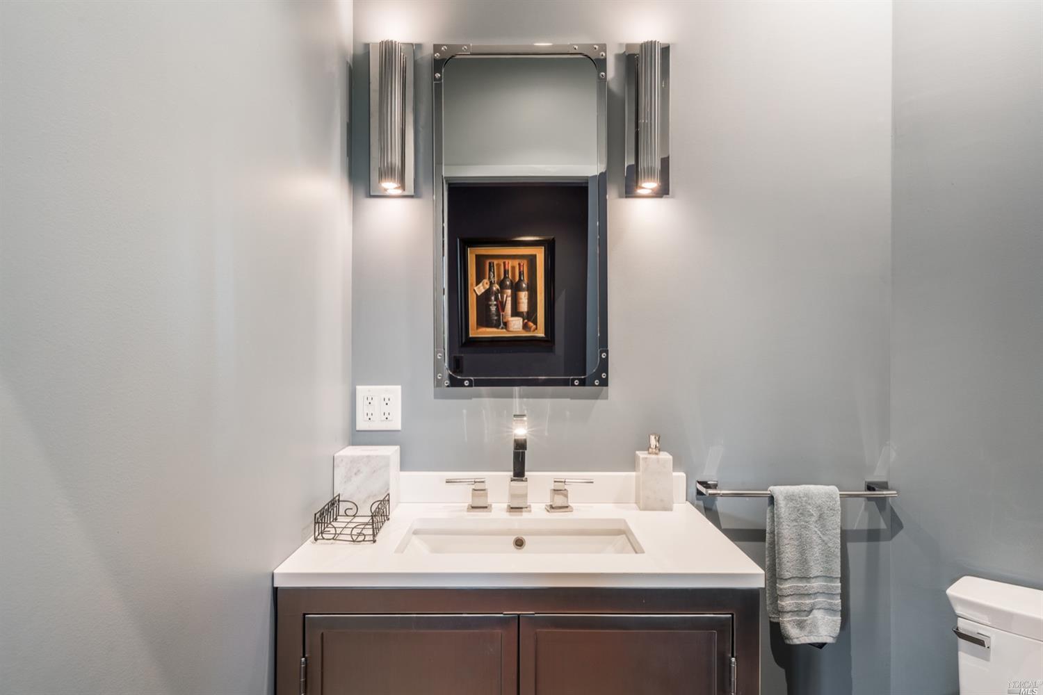 9 Bournemouth Road St. Helena, CA 94574 - Photo 22 of 40 a bathroom with a sink and a mirror