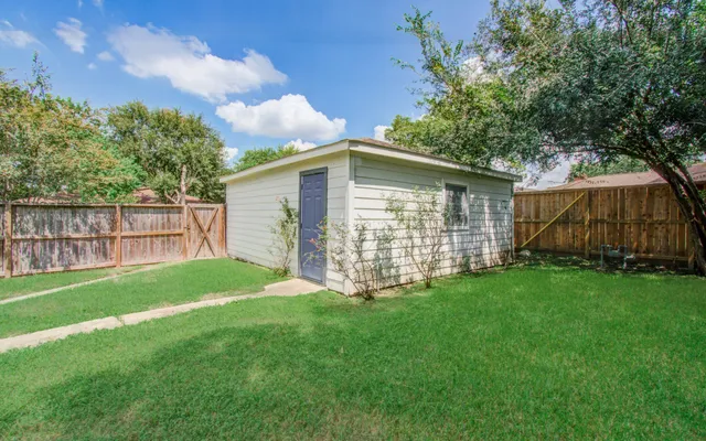 a view of a backyard with plants and large trees