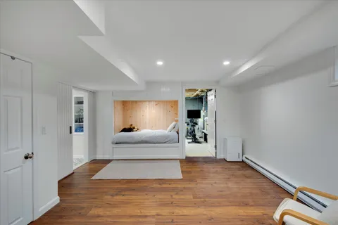 a storage area with a table and chairs