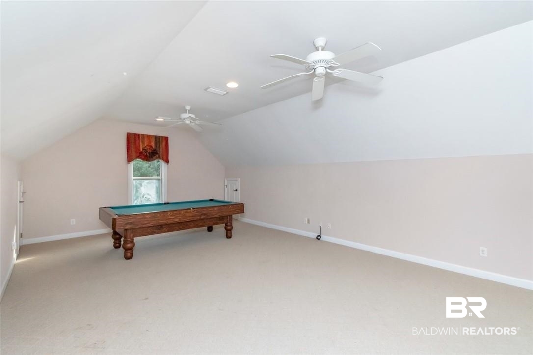 8837 Dawes Lake Road South Mobile, AL 36619 - Photo 30 of 44 Recreation room featuring light colored carpet, lofted ceiling, pool table, and ceiling fan