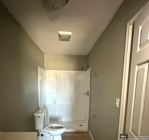 a bathroom with a shower and a toilet