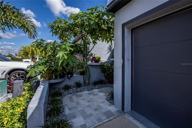 a backyard with potted plants and a table and chair
