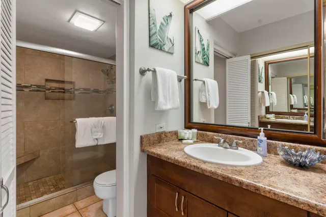 a bathroom with a granite countertop sink toilet and shower