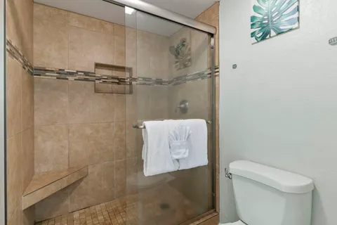 a bathroom with a toilet and a shower