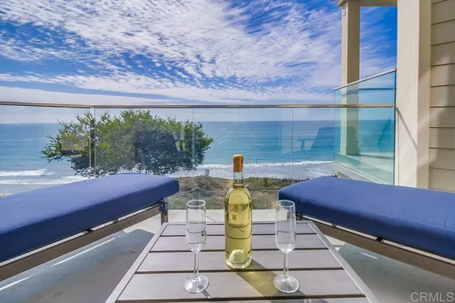 a balcony with furniture and a potted plant