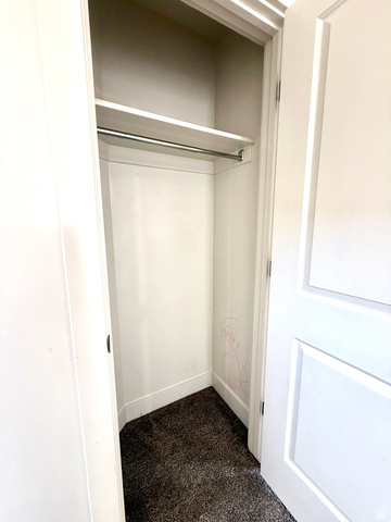 1823 South Longview Road Santaquin, UT 84655 - Photo 13 of 69 Recessed closet space featuring a single hanging rod, integrated shelving, and dark-toned carpet flooring