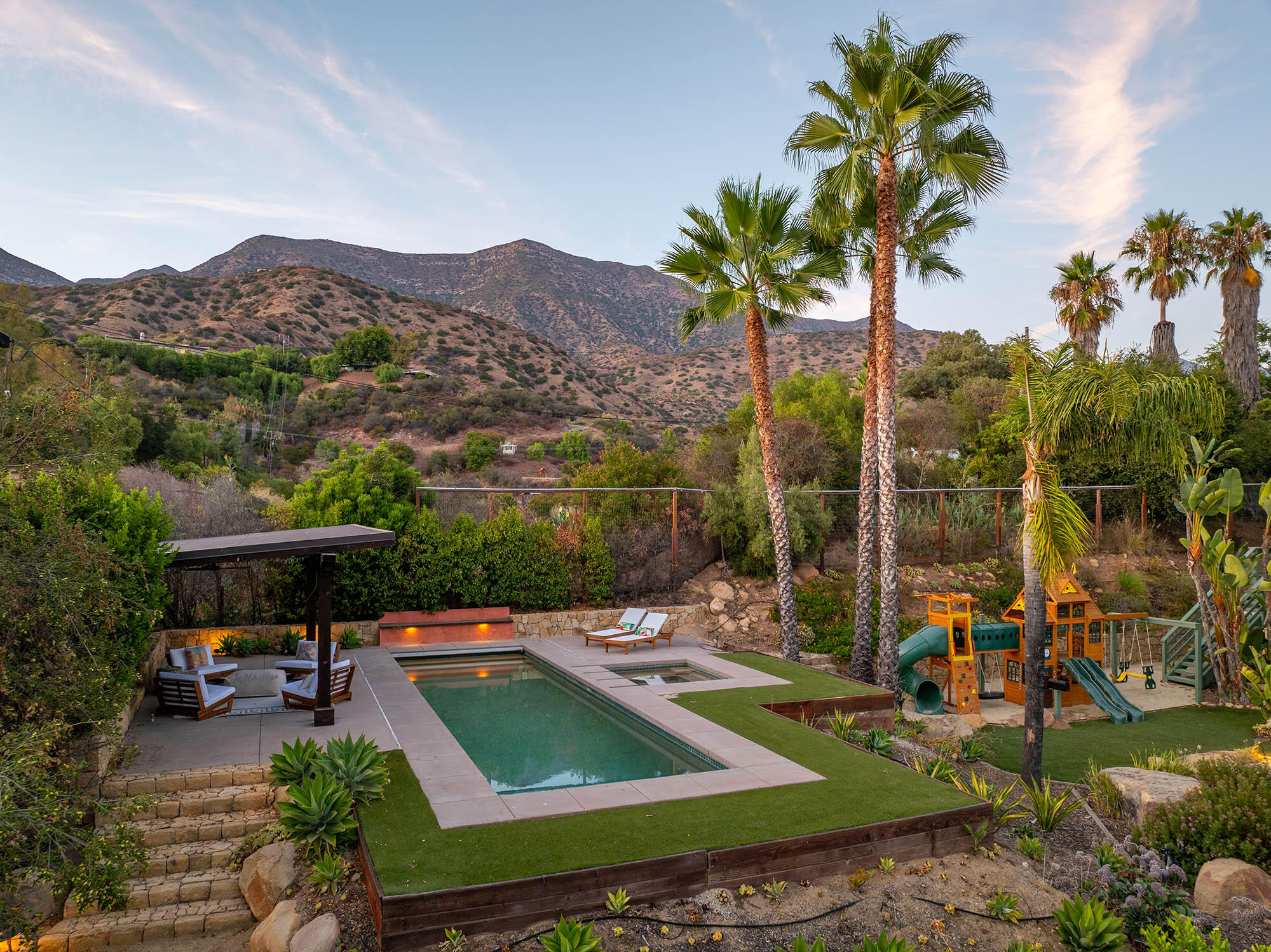 1119 North Signal Street Ojai, CA 93023 - Photo 72 of 83 Twilight aerial pool - 1119 N Signal St