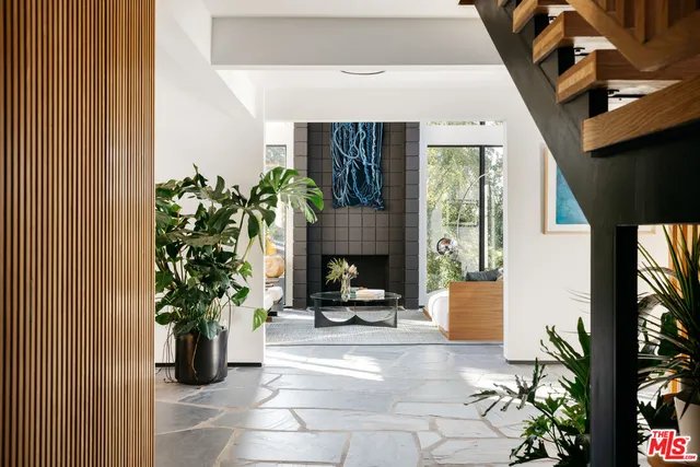 a living room with furniture and a potted plant