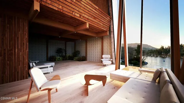 a bedroom with a large window and a bed