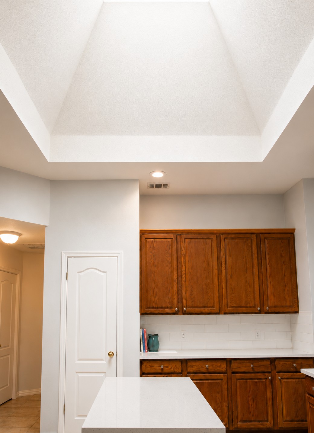 1102 Nelson Ranch Road Cedar Park, TX 78613 - Photo 19 of 37 A well-lit kitchen featuring a soaring vaulted ceiling with skylight and crisp white subway tile backsplash.