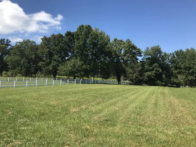 a view of a green field with wooden fence