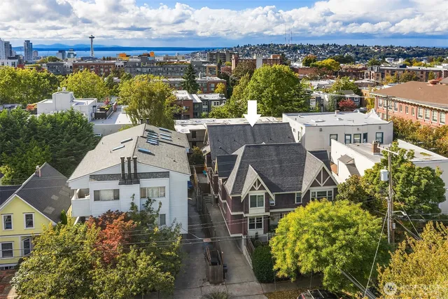 an aerial view of a house with a garden