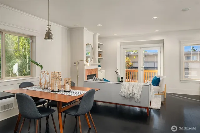 a view of a dining room with furniture window and outside view