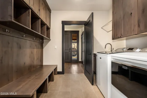 a hallway with cabinets