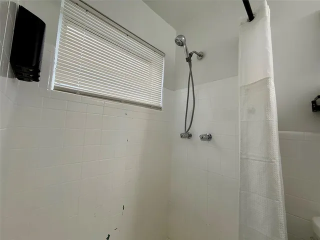 a bathroom with a shower and a window