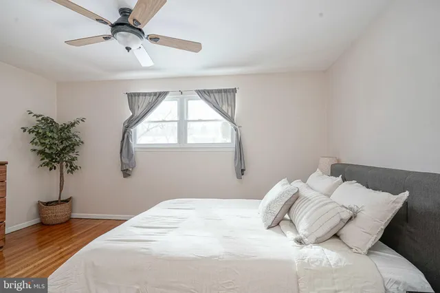 a bedroom with a bed and a potted plant