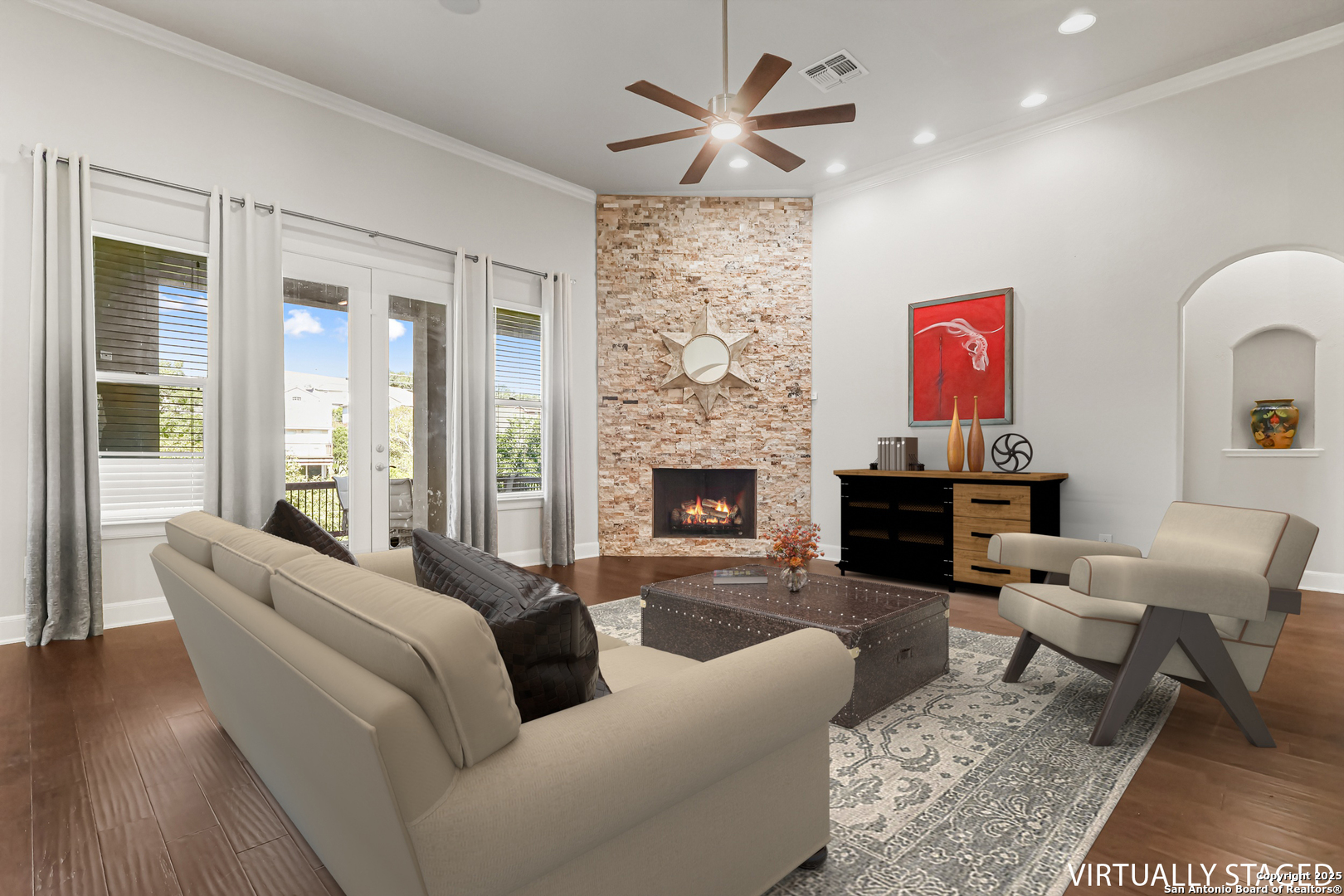 919 Sutters Rim San Antonio, TX 78258 - Photo 7 of 27 a living room with furniture and a fireplace