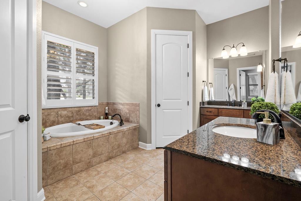 210 Mickelson Lane Georgetown, TX 78628 - Photo 18 of 39 a bathroom with a granite countertop tub a sink and a window