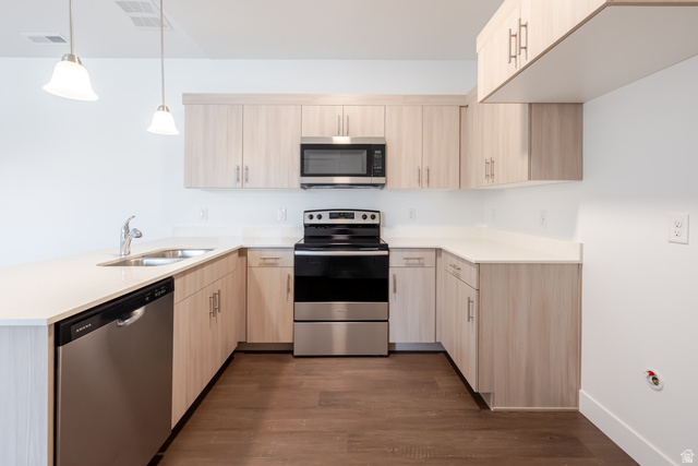 693 West 4500th South, Unit O302 Mapleton, UT 84664 - Photo 11 of 16 Kitchen with stainless steel appliances, light wood finish cabinetry, a peninsula, and dark wood finished floors
